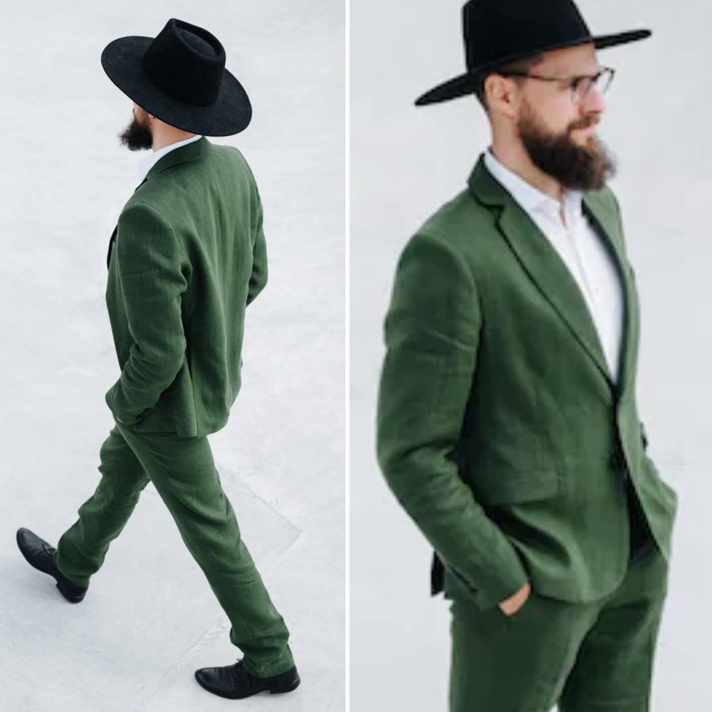 Mantaikotai Men's Green Linen Suit Jacket